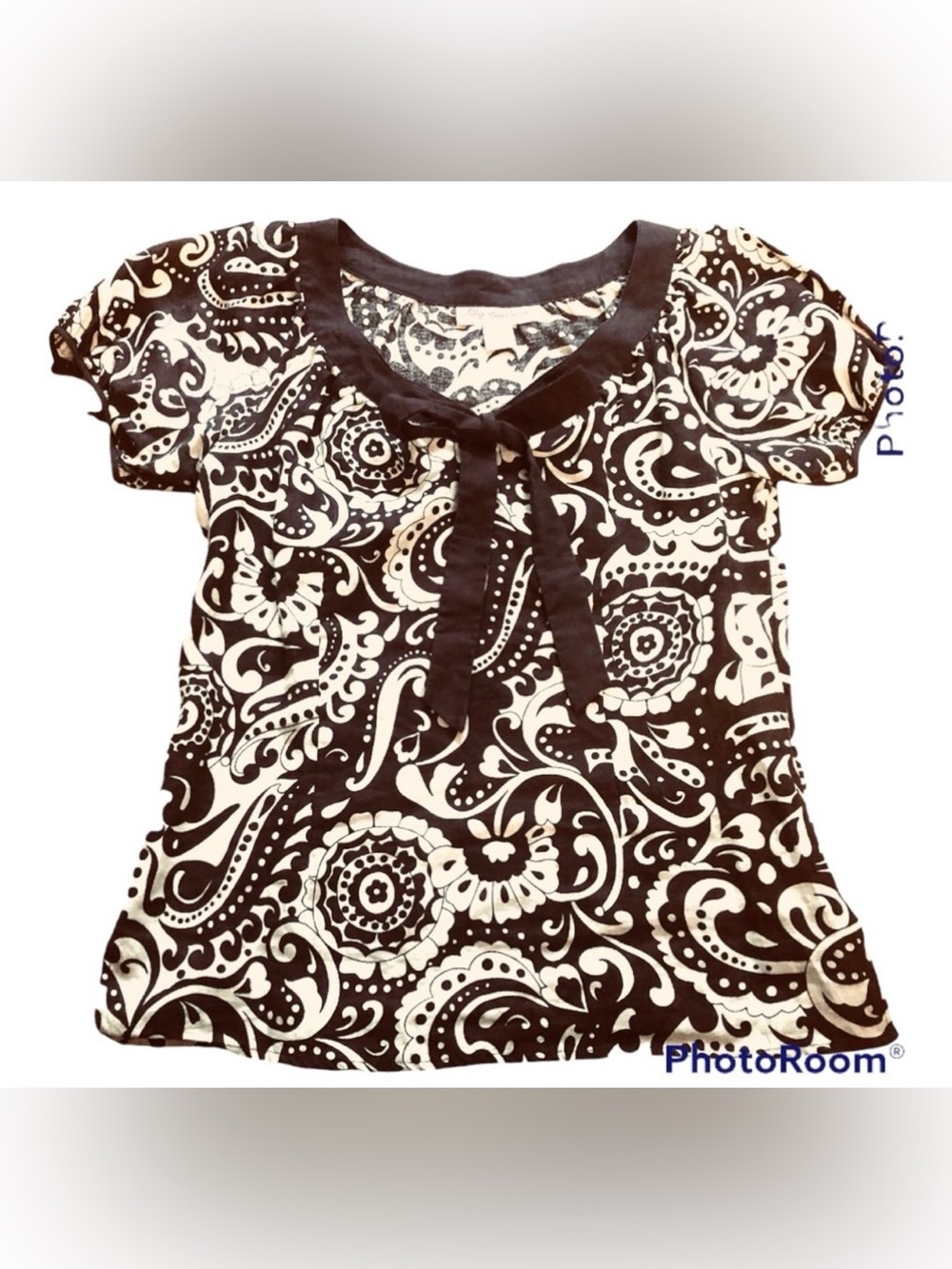 Lily Stanhope Shirt Top Size M Brown Tan Paisley Linen Shirt Blouse Sleeve Bow